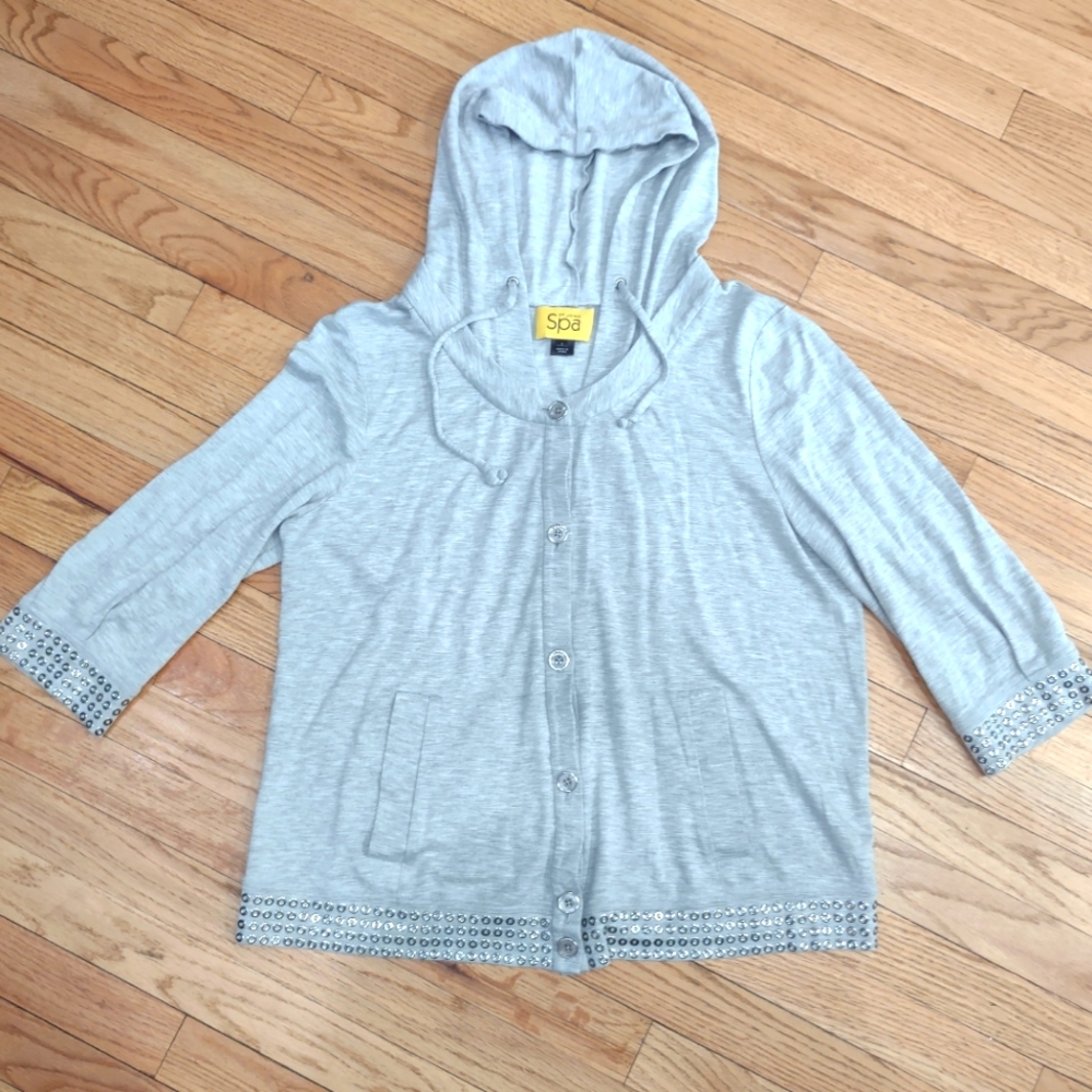St. John SPA light grey hooded studded cardigan active wear jacket L